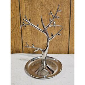Jewelry Display Tree Non Tarnish Silver Toned w Birds and Round Shallow Dish